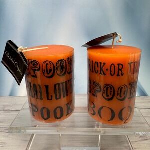 Halloween Pillar Candles Set of 2 Orange Spooky Trick or Treat 4"x 3" Gothic